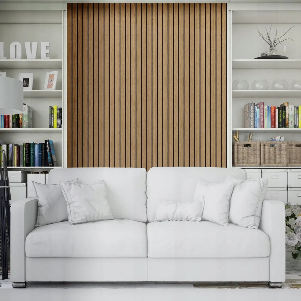 Felt Slatted Acoustic Wall Panels 4 feature wall in living room interior DecorMania UK